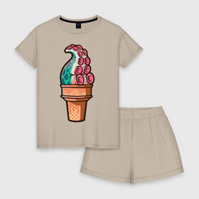 Женская пижама с шортиками хлопок с принтом Мороженое в Белгороде, 100% хлопок | футболка прямого кроя, шорты свободные с широкой мягкой резинкой | мороженое | осьминог | присоски | тентакли | щупальца