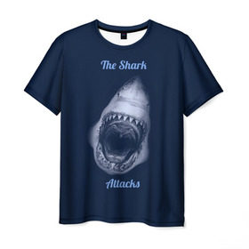 Мужская футболка 3D с принтом the shark attacks в Белгороде, 100% полиэфир | прямой крой, круглый вырез горловины, длина до линии бедер | shark | акула | глубина | зубы | море | океан | пасть | укус | хищник