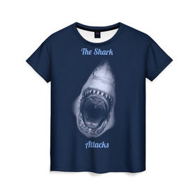Женская футболка 3D с принтом the shark attacks в Белгороде, 100% полиэфир ( синтетическое хлопкоподобное полотно) | прямой крой, круглый вырез горловины, длина до линии бедер | shark | акула | глубина | зубы | море | океан | пасть | укус | хищник