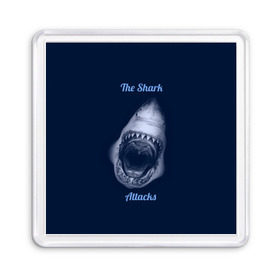 Магнит 55*55 с принтом the shark attacks в Белгороде, Пластик | Размер: 65*65 мм; Размер печати: 55*55 мм | Тематика изображения на принте: shark | акула | глубина | зубы | море | океан | пасть | укус | хищник