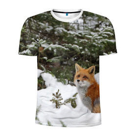 Мужская футболка 3D спортивная с принтом Лиса в зимнем лесу в Белгороде, 100% полиэстер с улучшенными характеристиками | приталенный силуэт, круглая горловина, широкие плечи, сужается к линии бедра | Тематика изображения на принте: fox | животное | зверь | красивая | лес | лис | лиса | лисенок | лисица | лисичка | мех | патрикеевна | песец | плутовка | прикольная | природа | рыжая | рыжий цвет | сказка | хвост | хитрая | хищник