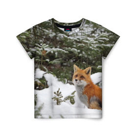 Детская футболка 3D с принтом Лиса в зимнем лесу в Белгороде, 100% гипоаллергенный полиэфир | прямой крой, круглый вырез горловины, длина до линии бедер, чуть спущенное плечо, ткань немного тянется | Тематика изображения на принте: fox | животное | зверь | красивая | лес | лис | лиса | лисенок | лисица | лисичка | мех | патрикеевна | песец | плутовка | прикольная | природа | рыжая | рыжий цвет | сказка | хвост | хитрая | хищник