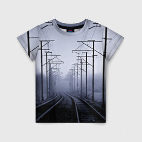 Детская футболка 3D с принтом Туманная дорога в Белгороде, 100% гипоаллергенный полиэфир | прямой крой, круглый вырез горловины, длина до линии бедер, чуть спущенное плечо, ткань немного тянется | 3d | железная дорога | пути | столбы | страны | туман | туманная дорога