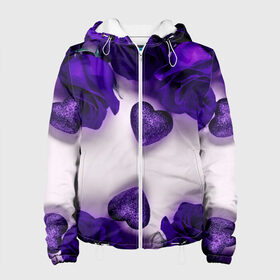 Женская куртка 3D с принтом Фиолетовые розы в Белгороде, ткань верха — 100% полиэстер, подклад — флис | прямой крой, подол и капюшон оформлены резинкой с фиксаторами, два кармана без застежек по бокам, один большой потайной карман на груди. Карман на груди застегивается на липучку | Тематика изображения на принте: flower | весна | красивые цветы | лето | природа | цветок | цветочки | цветы