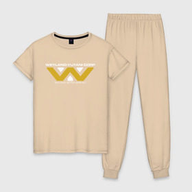 Женская пижама хлопок с принтом Weyland-Yutani в Белгороде, 100% хлопок | брюки и футболка прямого кроя, без карманов, на брюках мягкая резинка на поясе и по низу штанин | чужой завет