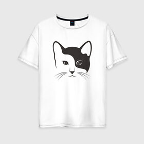 Женская футболка хлопок Oversize с принтом Кисонька в Белгороде, 100% хлопок | свободный крой, круглый ворот, спущенный рукав, длина до линии бедер
 | абстракция | белое | инь ян | инь янь | киса | кисонька | котик | кошак | кошка | чёрно белая | черное