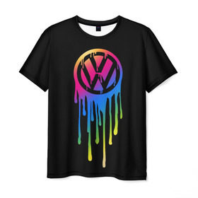 Мужская футболка 3D с принтом Volkswagen в Белгороде, 100% полиэфир | прямой крой, круглый вырез горловины, длина до линии бедер | Тематика изображения на принте: brand | bright | car | color | drops | flow | germany | logo | rainbow | sign | spectrum | volkswagen | автомобиль | германия | знак | капли | логотип | марка | радуга | спектр | течет | цвет | яркий