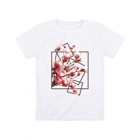 Детская футболка хлопок с принтом Магнолия в Белгороде, 100% хлопок | круглый вырез горловины, полуприлегающий силуэт, длина до линии бедер | весна | геометрия | деревья | квадраты | цветение | цветы