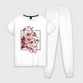 Женская пижама хлопок с принтом Магнолия в Белгороде, 100% хлопок | брюки и футболка прямого кроя, без карманов, на брюках мягкая резинка на поясе и по низу штанин | весна | геометрия | деревья | квадраты | цветение | цветы