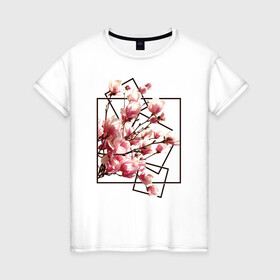 Женская футболка хлопок с принтом Магнолия в Белгороде, 100% хлопок | прямой крой, круглый вырез горловины, длина до линии бедер, слегка спущенное плечо | весна | геометрия | деревья | квадраты | цветение | цветы