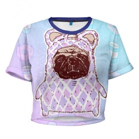 Женская футболка 3D укороченная с принтом мопс-единорог в Белгороде, 100% полиэстер | круглая горловина, длина футболки до линии талии, рукава с отворотами | dog | mops | tmblr | tumbler | unicorn | единорог | мопс