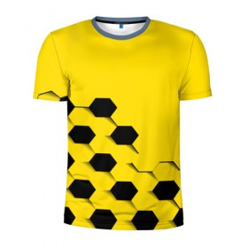 Мужская футболка 3D спортивная с принтом Футбольные текстуры в Белгороде, 100% полиэстер с улучшенными характеристиками | приталенный силуэт, круглая горловина, широкие плечи, сужается к линии бедра | желтый | соты