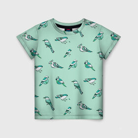 Детская футболка 3D с принтом Птица-синица в Белгороде, 100% гипоаллергенный полиэфир | прямой крой, круглый вырез горловины, длина до линии бедер, чуть спущенное плечо, ткань немного тянется | бирюза | паттерн | птахи | птички