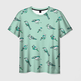 Мужская футболка 3D с принтом Птица-синица в Белгороде, 100% полиэфир | прямой крой, круглый вырез горловины, длина до линии бедер | Тематика изображения на принте: бирюза | паттерн | птахи | птички
