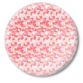 Значок с принтом Розовый фламинго в Белгороде,  металл | круглая форма, металлическая застежка в виде булавки | камуфляж | паттерн | птицы | розовый
