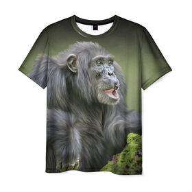 Мужская футболка 3D с принтом Шимпанзе в Белгороде, 100% полиэфир | прямой крой, круглый вырез горловины, длина до линии бедер | животные | обезьяна 