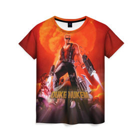 Женская футболка 3D с принтом Duke Nukem в Белгороде, 100% полиэфир ( синтетическое хлопкоподобное полотно) | прямой крой, круглый вырез горловины, длина до линии бедер | брутальный | взрыв | дюк нюмем | мужик | огонь | радиация | ядерный