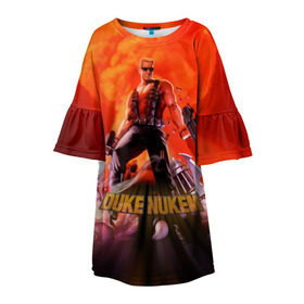 Детское платье 3D с принтом Duke Nukem в Белгороде, 100% полиэстер | прямой силуэт, чуть расширенный к низу. Круглая горловина, на рукавах — воланы | брутальный | взрыв | дюк нюмем | мужик | огонь | радиация | ядерный