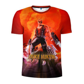 Мужская футболка 3D спортивная с принтом Duke Nukem в Белгороде, 100% полиэстер с улучшенными характеристиками | приталенный силуэт, круглая горловина, широкие плечи, сужается к линии бедра | Тематика изображения на принте: брутальный | взрыв | дюк нюмем | мужик | огонь | радиация | ядерный
