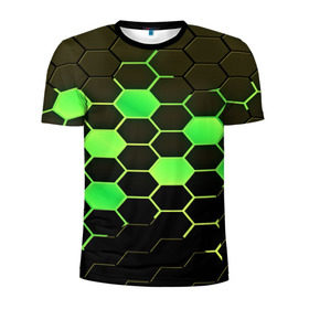 Мужская футболка 3D спортивная с принтом Кислотные соты в Белгороде, 100% полиэстер с улучшенными характеристиками | приталенный силуэт, круглая горловина, широкие плечи, сужается к линии бедра | technology | кислотный | паттерн | соты | яркий