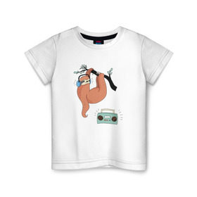 Детская футболка хлопок с принтом Ленивец слушает музыку в Белгороде, 100% хлопок | круглый вырез горловины, полуприлегающий силуэт, длина до линии бедер | арт | ленивец | лень | музыка | прикольные