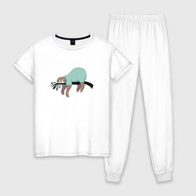 Женская пижама хлопок с принтом Ленивец спит в Белгороде, 100% хлопок | брюки и футболка прямого кроя, без карманов, на брюках мягкая резинка на поясе и по низу штанин | арт | ленивец | лень | прикольные | сон