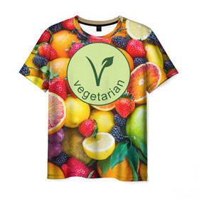 Мужская футболка 3D с принтом Vegetarian в Белгороде, 100% полиэфир | прямой крой, круглый вырез горловины, длина до линии бедер | fruits | vegan | vegetables | vegetarian | веган | вегетарианство | еда | овощи | фрукты