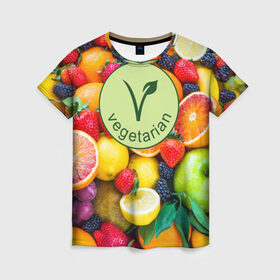 Женская футболка 3D с принтом Vegetarian в Белгороде, 100% полиэфир ( синтетическое хлопкоподобное полотно) | прямой крой, круглый вырез горловины, длина до линии бедер | fruits | vegan | vegetables | vegetarian | веган | вегетарианство | еда | овощи | фрукты