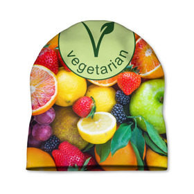 Шапка 3D с принтом Vegetarian в Белгороде, 100% полиэстер | универсальный размер, печать по всей поверхности изделия | fruits | vegan | vegetables | vegetarian | веган | вегетарианство | еда | овощи | фрукты