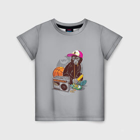 Детская футболка 3D с принтом monkey music в Белгороде, 100% гипоаллергенный полиэфир | прямой крой, круглый вырез горловины, длина до линии бедер, чуть спущенное плечо, ткань немного тянется | monkey | банан | баскетбол | магнитофон | музыка | мяч | обезьяна | хипстер