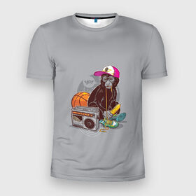 Мужская футболка 3D спортивная с принтом monkey music в Белгороде, 100% полиэстер с улучшенными характеристиками | приталенный силуэт, круглая горловина, широкие плечи, сужается к линии бедра | Тематика изображения на принте: monkey | банан | баскетбол | магнитофон | музыка | мяч | обезьяна | хипстер
