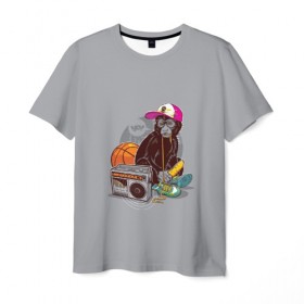 Мужская футболка 3D с принтом monkey music в Белгороде, 100% полиэфир | прямой крой, круглый вырез горловины, длина до линии бедер | Тематика изображения на принте: monkey | банан | баскетбол | магнитофон | музыка | мяч | обезьяна | хипстер