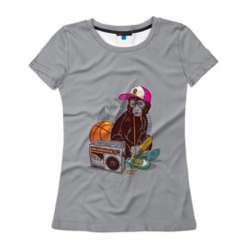 Женская футболка 3D с принтом monkey music в Белгороде, 100% полиэфир ( синтетическое хлопкоподобное полотно) | прямой крой, круглый вырез горловины, длина до линии бедер | monkey | банан | баскетбол | магнитофон | музыка | мяч | обезьяна | хипстер