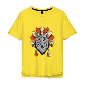 Мужская футболка хлопок Oversize с принтом Волк индеец в Белгороде, 100% хлопок | свободный крой, круглый ворот, “спинка” длиннее передней части | арт | волк | волкодав | животные | индейцы | перья | собака