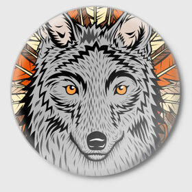 Значок с принтом Волк индеец в Белгороде,  металл | круглая форма, металлическая застежка в виде булавки | арт | волк | волкодав | животные | индейцы | перья | собака