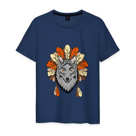 Мужская футболка хлопок с принтом Волк индеец в Белгороде, 100% хлопок | прямой крой, круглый вырез горловины, длина до линии бедер, слегка спущенное плечо. | арт | волк | волкодав | животные | индейцы | перья | собака