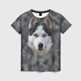 Женская футболка 3D с принтом Хаска в Белгороде, 100% полиэфир ( синтетическое хлопкоподобное полотно) | прямой крой, круглый вырез горловины, длина до линии бедер | Тематика изображения на принте: мордочка | пес | собака | хаска | щенок