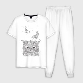 Мужская пижама хлопок с принтом Мечтатель в Белгороде, 100% хлопок | брюки и футболка прямого кроя, без карманов, на брюках мягкая резинка на поясе и по низу штанин
 | воздушный | дзенарт | кот | мечта | принт | раскраска | рыба | рыбки | черно белый