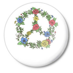 Значок с принтом peace flowers в Белгороде,  металл | круглая форма, металлическая застежка в виде булавки | flowers | peace | мир | цветы