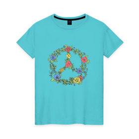Женская футболка хлопок с принтом peace flowers в Белгороде, 100% хлопок | прямой крой, круглый вырез горловины, длина до линии бедер, слегка спущенное плечо | flowers | peace | мир | цветы