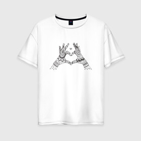 Женская футболка хлопок Oversize с принтом Сердечко в Белгороде, 100% хлопок | свободный крой, круглый ворот, спущенный рукав, длина до линии бедер
 | дзентангл | дудлы | пальцы | раскраска | руки | ручная графика | сердечко | узоры | черно белое