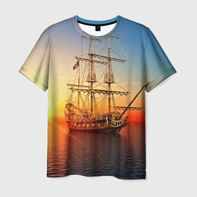 Мужская футболка 3D с принтом Фрегат в Белгороде, 100% полиэфир | прямой крой, круглый вырез горловины, длина до линии бедер | 3d | blue | брызги | вмф | вода | военный | волны | исторический | капли | корабль | лето | море | моряк | океан | природа | фрегат | шторм