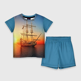 Детский костюм с шортами 3D с принтом Фрегат в Белгороде,  |  | 3d | blue | брызги | вмф | вода | военный | волны | исторический | капли | корабль | лето | море | моряк | океан | природа | фрегат | шторм