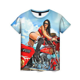 Женская футболка 3D с принтом Девушка на мотоцикле в Белгороде, 100% полиэфир ( синтетическое хлопкоподобное полотно) | прямой крой, круглый вырез горловины, длина до линии бедер | байкер