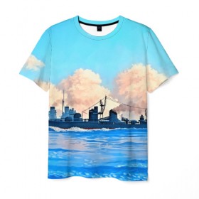 Мужская футболка 3D с принтом Корабль в Белгороде, 100% полиэфир | прямой крой, круглый вырез горловины, длина до линии бедер | 3d | blue | брызги | вмф | вода | военный | волны | исторический | капли | корабль | лето | море | моряк | океан | природа | фрегат | шторм