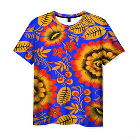 Мужская футболка 3D с принтом Хохломской узор в Белгороде, 100% полиэфир | прямой крой, круглый вырез горловины, длина до линии бедер | Тематика изображения на принте: 3d | арт | другие | листья | прикольные | узоры | хохлома | цветные | цветы | яркие