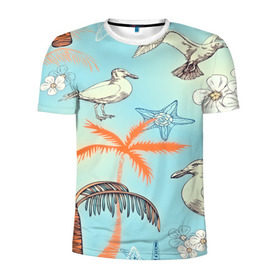 Мужская футболка 3D спортивная с принтом Морской стиль в Белгороде, 100% полиэстер с улучшенными характеристиками | приталенный силуэт, круглая горловина, широкие плечи, сужается к линии бедра | арт | море | пальмы | природа | птицы | цветные | цветы | чайки | яркие