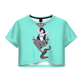Женская футболка 3D укороченная с принтом Mermaid blue в Белгороде, 100% полиэстер | круглая горловина, длина футболки до линии талии, рукава с отворотами | 