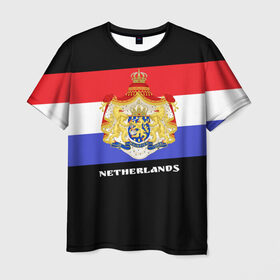 Мужская футболка 3D с принтом Флаг и герб Нидерланды в Белгороде, 100% полиэфир | прямой крой, круглый вырез горловины, длина до линии бедер | амстердам | голландия | европа