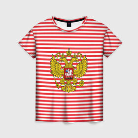 Женская футболка 3D с принтом Тельняшка ВВ и герб РФ в Белгороде, 100% полиэфир ( синтетическое хлопкоподобное полотно) | прямой крой, круглый вырез горловины, длина до линии бедер | красный | полосатый